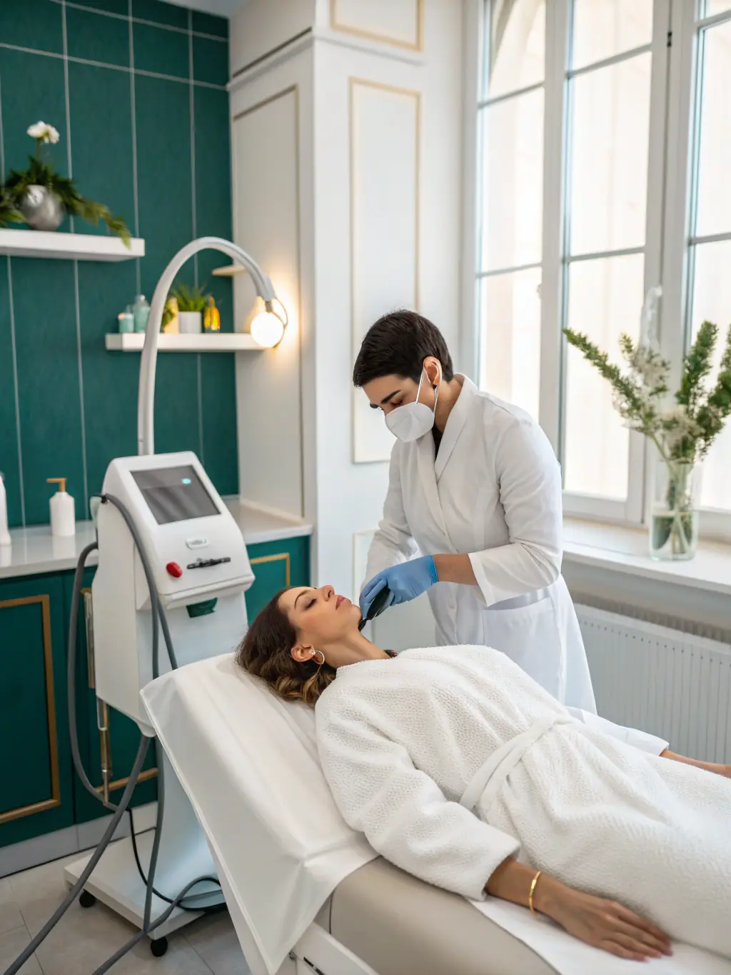 A dermatologist applying a laser treatment to a client's skin to reduce stretch marks.