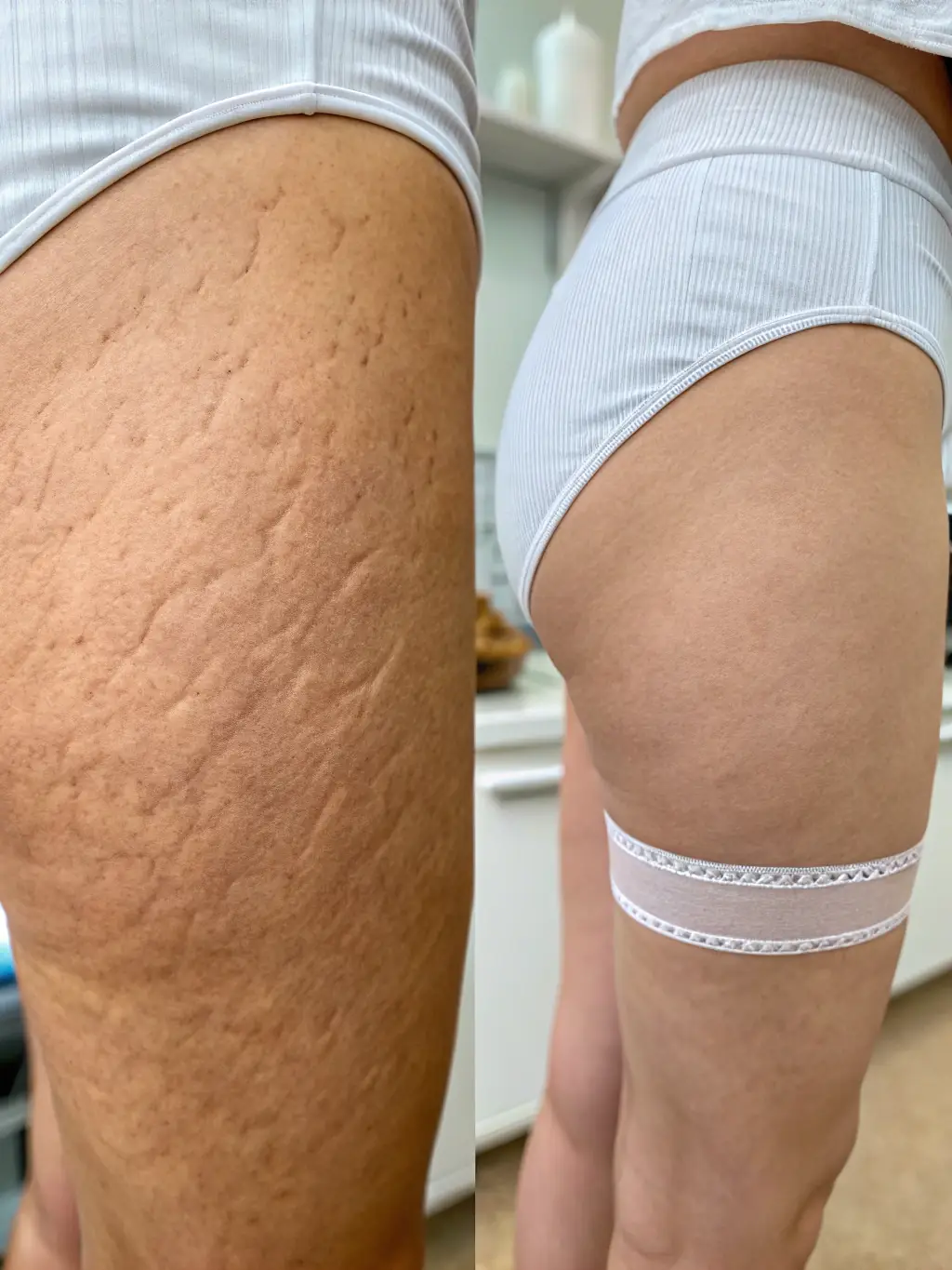 A before-and-after photo showcasing the visible reduction of stretch marks after a series of treatments.