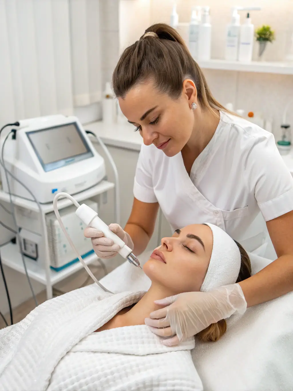 A person receiving a microdermabrasion treatment on their abdomen to improve skin texture.